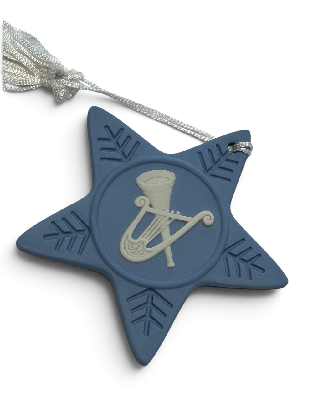 Wedgewood Vintage Blue & White Trumpet & Harp Star Shaped Holiday Ornament 2006